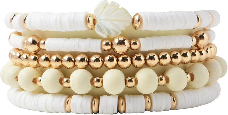 GOOJIDS Surfer Heishi Clay Bead Bracelets for Women Bohemian Stackable Gold Plated Beaded Stretch Bracelets Elastic Layering Friendship Bracelets Set Boho Jewelry - Image 1